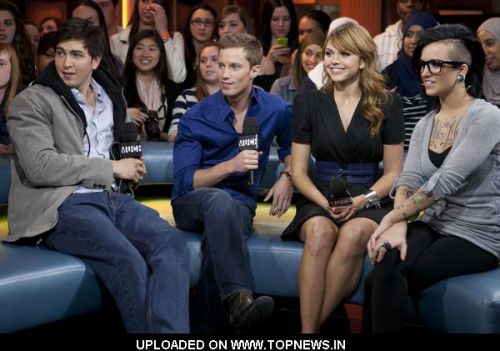 Nicholas Braun, Jonathan Keltz and Aimee Teegarden at Cast Members from 'Prom' Visit New.Music.Live. in Toronto Nicholas Braun, Jonathan Keltz and Aimee Teegarden at Cast Members from 'Prom' Visit New.Music.Live. in Toronto